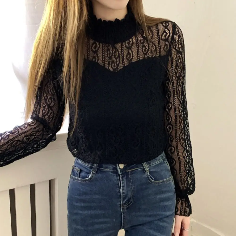 

Pullover Lace Flower Top Women Half High Collar See Through Transparent Long Sleeved Top Streetwear Beach Shirts