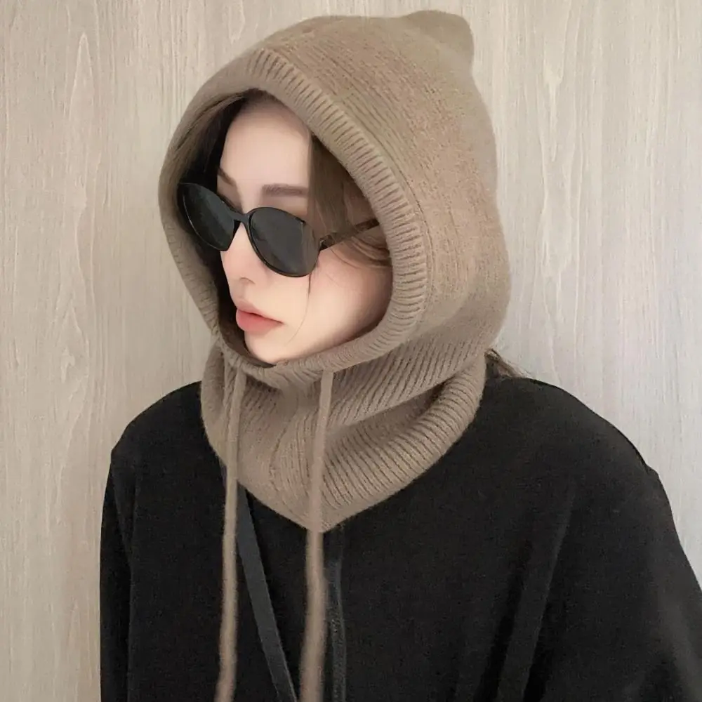 Casual Drawstring Balaclava Hat Solid Color Woolen Knitted Hooded Cap Polyester Windproof Neck Collar Beanies Cap Winter