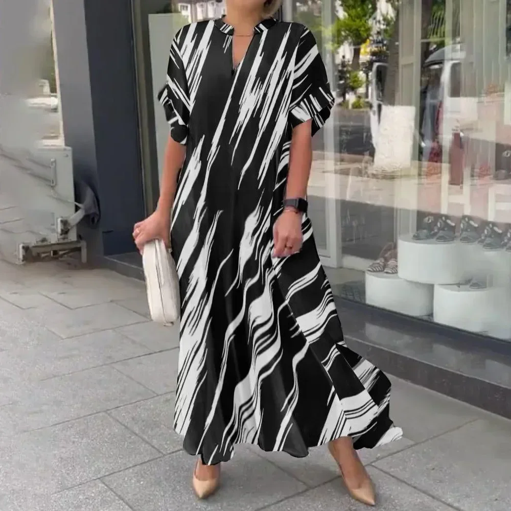 Women Striped Printed V Neck Long Dress Summer Short Sleeve Side Split Shirt Dresses Casual Oversized Maxi Dress Robe De Plage