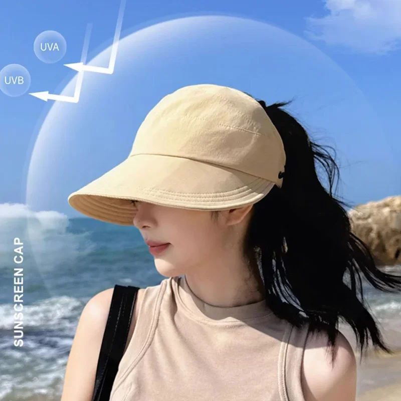 UV Protection Empty Top Ponytail Hat Women Foldable Wide Brim Sun Cap Quick Dry Summer Outdoor Travel Beach Baseball Hat