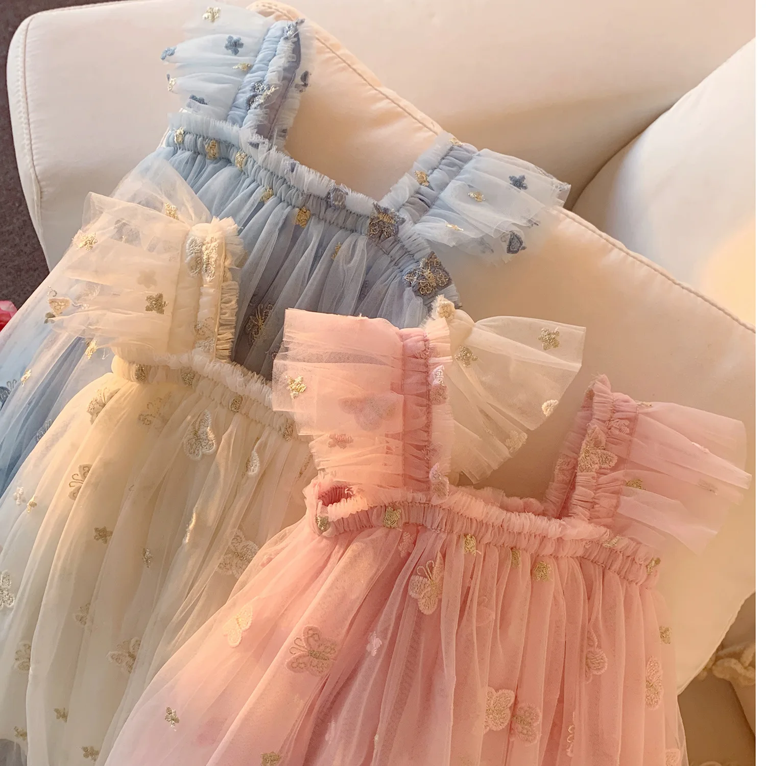 

Butterfly Star Embroidery Pattern Dreamy Fluffy Skirt for Children Kid Girl Enchanting Poly Tulle Dress Ruffled Straps Delicate