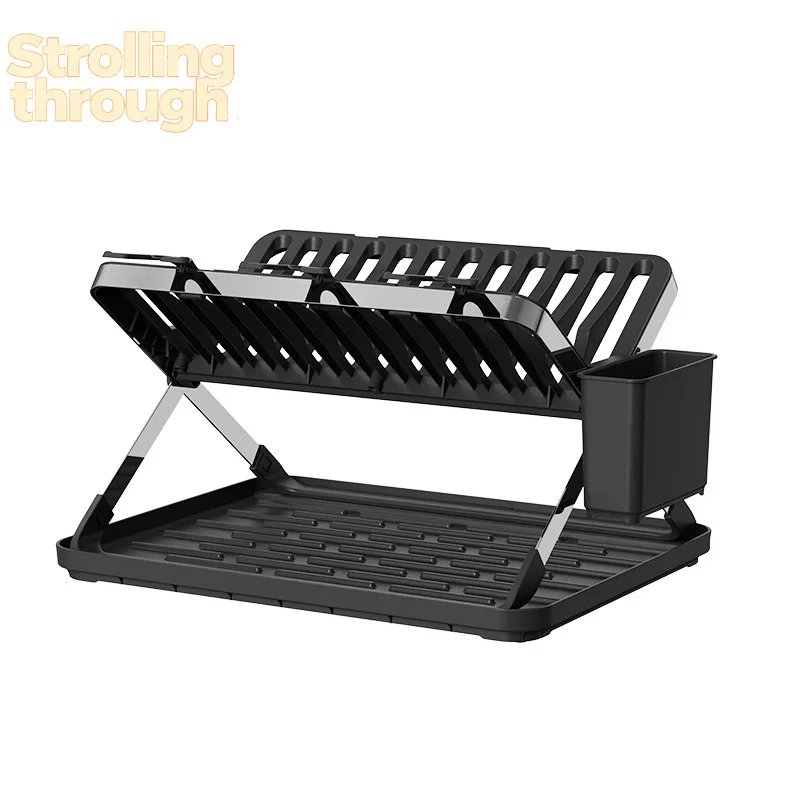 

Household Multifunctional Wine Cup and Fork Folding Drain Dish Rack Double Layer Kitchen Storage Rack