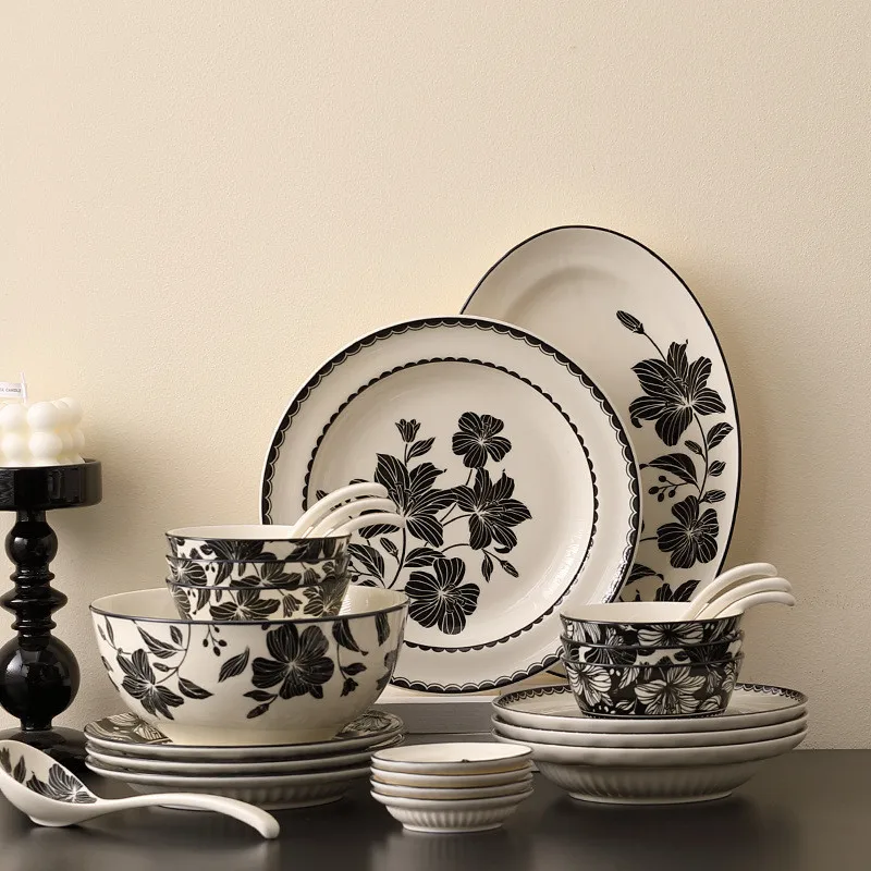 Traditional Ceramic Plate, Black And White Tray, Vintage Floral Deep Fish Tray, Lily Lace Rim Rice Bowl, Soup Spoon,Tableware