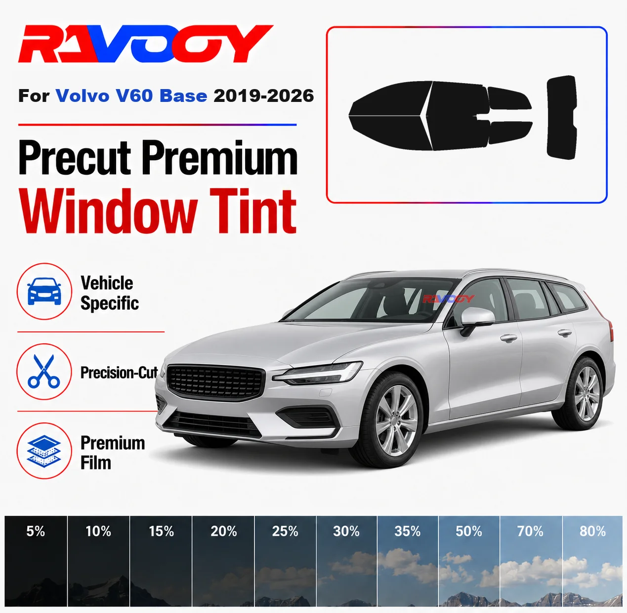 Premium Precut Window Tint Kit Front Rear Windows Rear Windshield For Volvo V60 Base 2019-2026 Complete Set Nano Ceramic Film