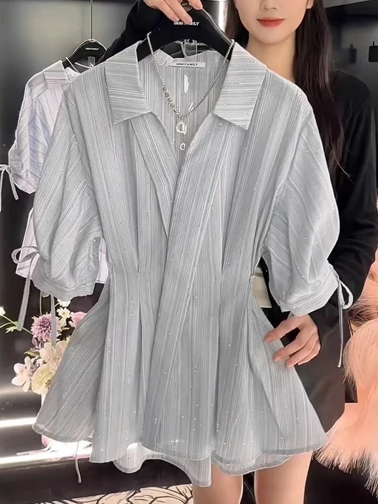 

Fashion Elegant Blouses Striped Turn Down Collar Short Sleeve Bow Pleated Shirts Slim Waist 2025 Summer Design Women's Clothing