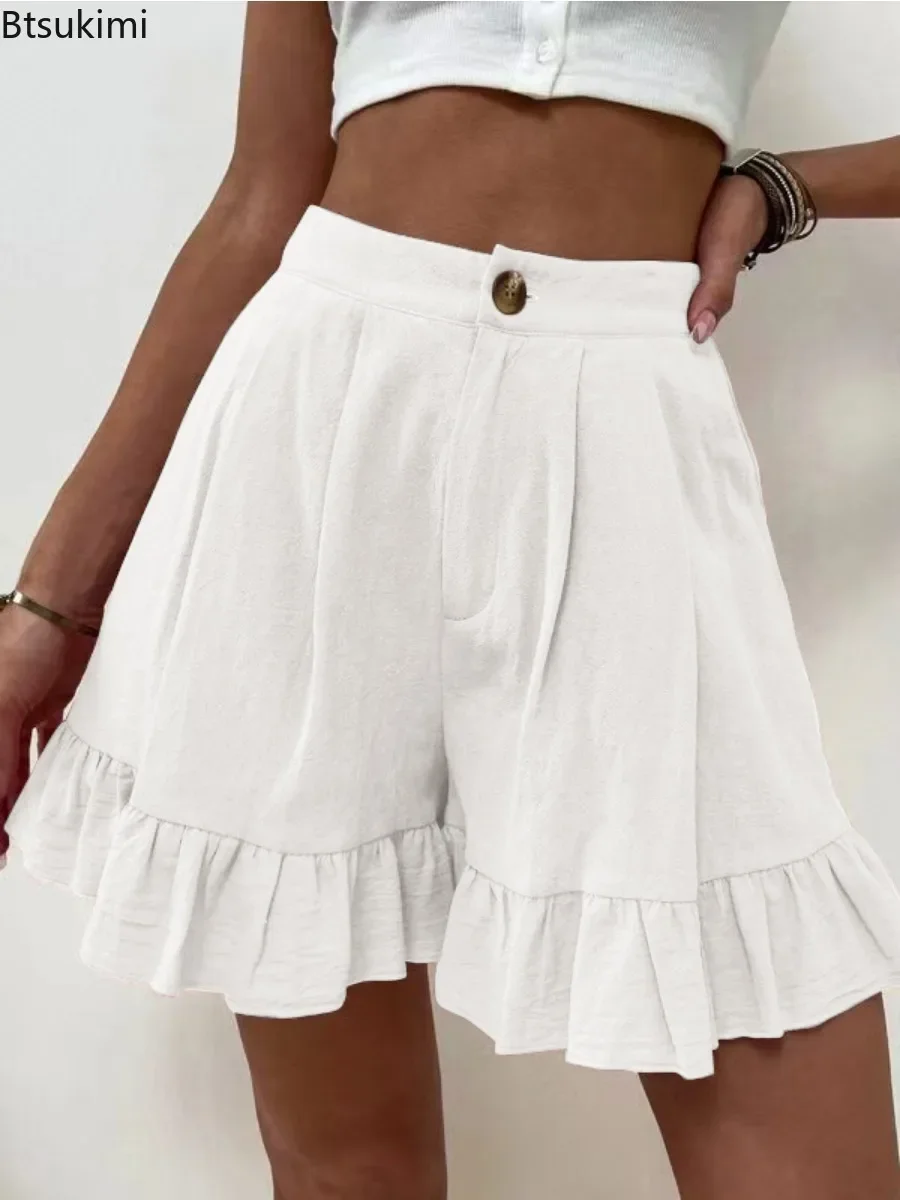 2024 Women\'s Summer Casual Shorts Solid Loose Fitting Wide Leg Shorts With A Line Ruffle Trim Cotton Linen Soft Shorts Female