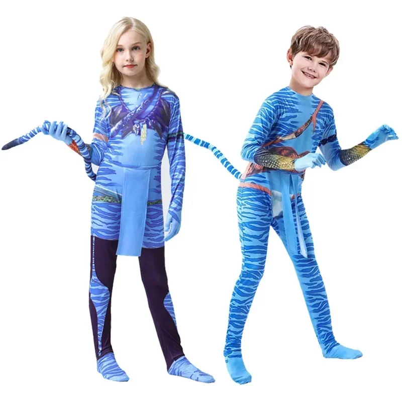 Avatar 2 Neytiri Cosplay Anime Halloween Costumes for Kids Alien Zentai Fantasia Avatar Tail Jumpsuits Disguise Carnival Clothes