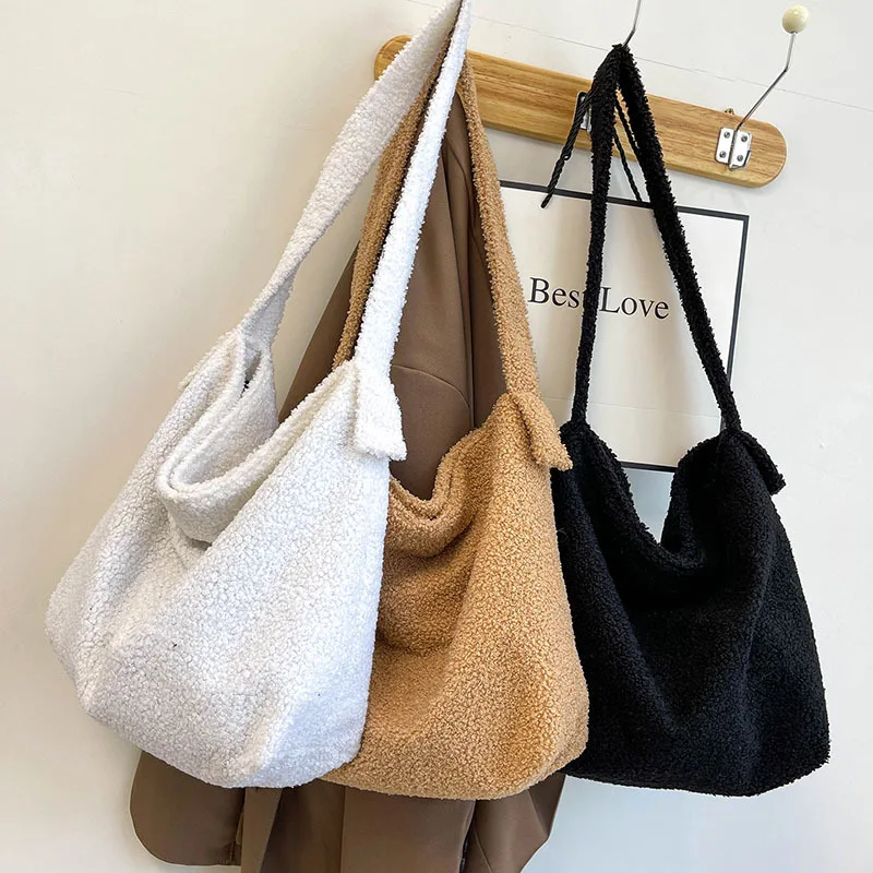 Imitation Sheepskin Wool Fashionable Shoulder Bag Large Capacity Solid Color Toto Commute Soft Winter