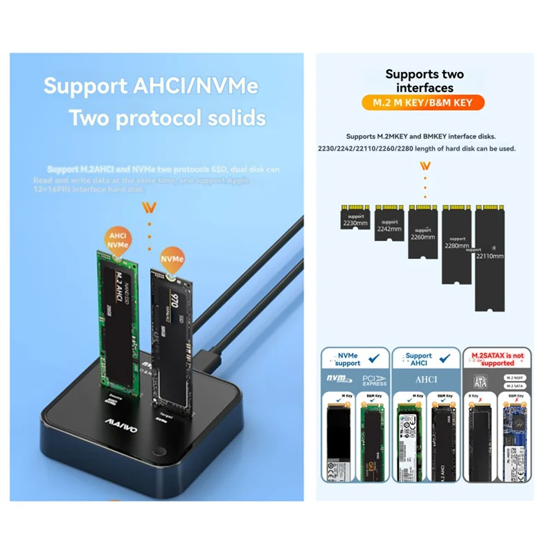 

ULBS MAIWO Dual-Bay M.2 Nvme/AHCI SSD Enclosure, USB 3.0 Type-C, 20Gbps Gen2x Hard Disk Dock Station With Clone Function