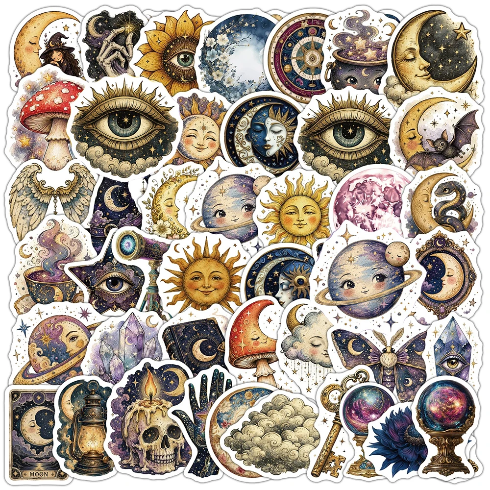 10/30/50pcs Vintage Sun Moon Planet Graffiti Stickers Decals DIY Laptop Phone Case Diary Skateboard Bike Decoration Sticker Toys