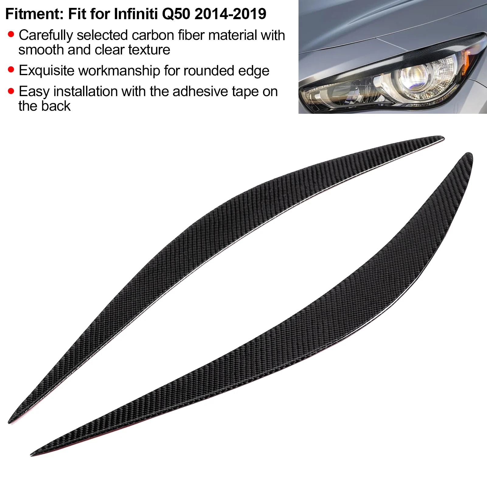 Auto Headlight Lamp Eyebrows Cover Trim Stickers Fit for Infiniti Q50 2014‑2019 Car Eyelids Lids Decor Sticker Exterior Parts