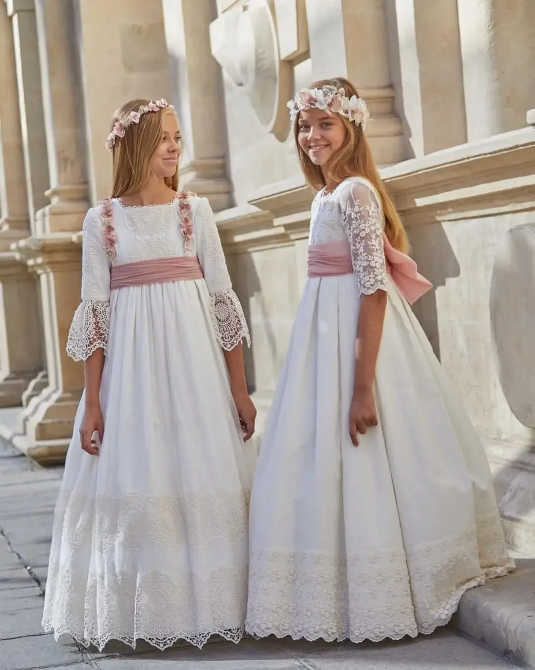 Vestito da ragazza di comunione per bambino Vintage principessa pizzo floreale cintura A nastro Bridemini damigella d'onore festa di nozze un abito di linea