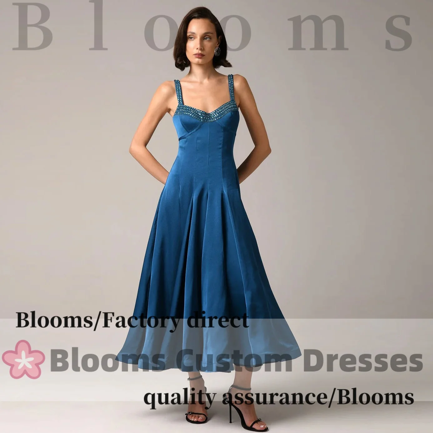 

Customized Blue Spaghetti Straps Draped A-line Evening Dresses Special Occasion Beaded Sleeveless Prom Dress Formal Party Gown