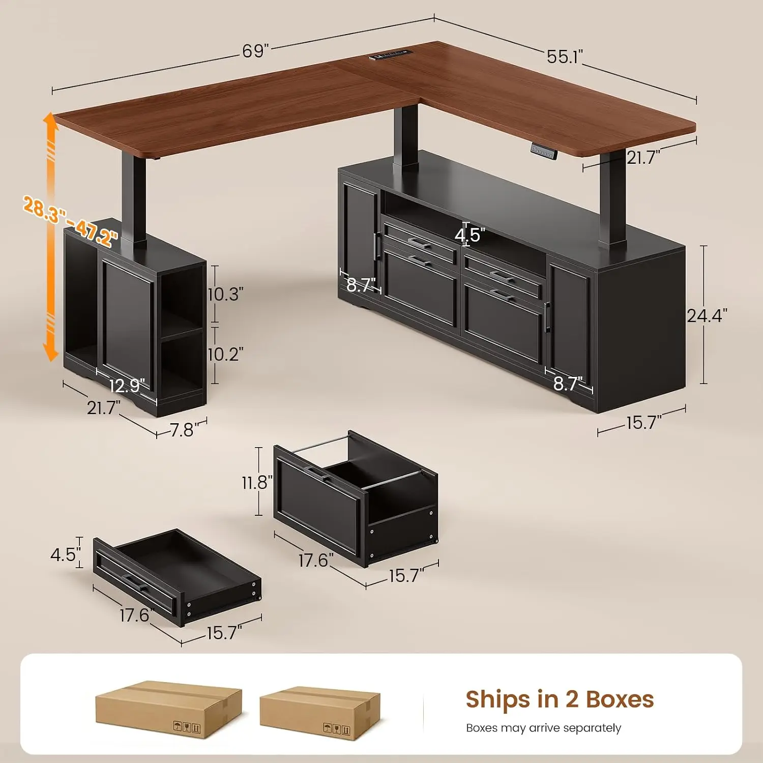 L Shaped Electric Standing Desk with 4 Drawers & Storage, Home Office Workstation, 128cm, Customized