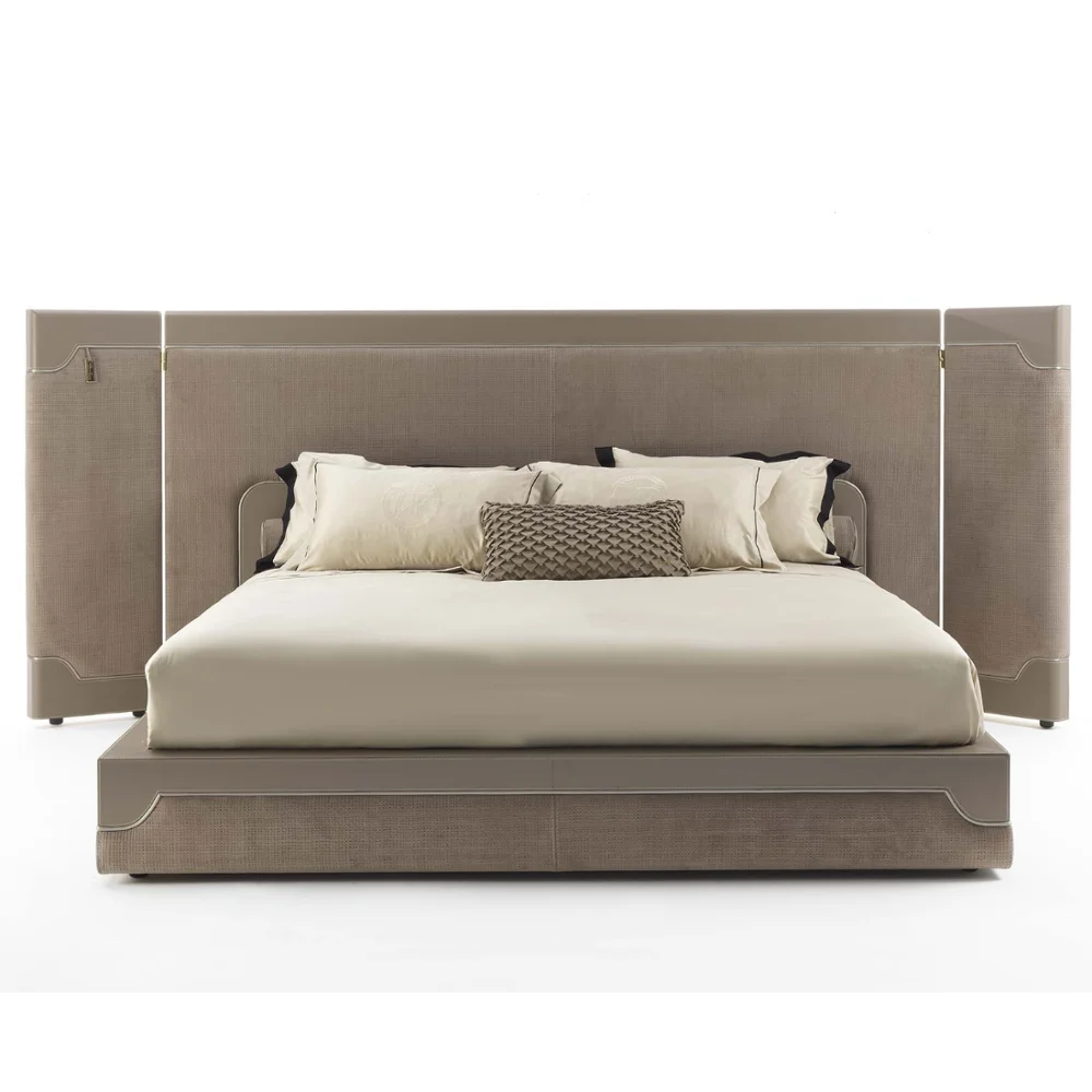 high quality custom furniture for villas and luxury houses Bed room furniture folding headboard grey velvet queen size bed