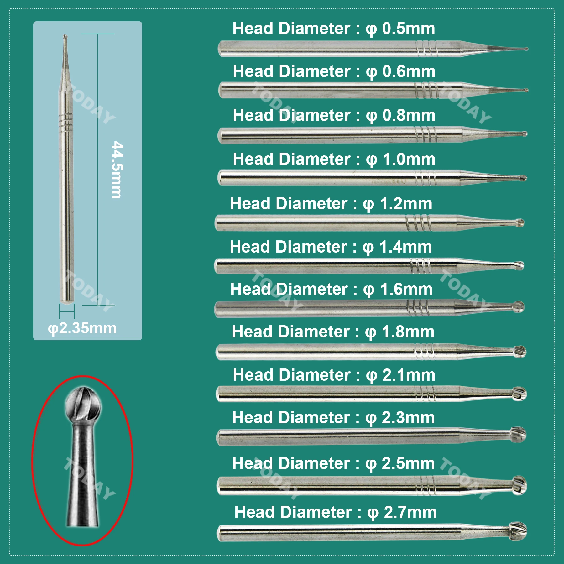 WAVE Tungsten Burs Carbide Burs Round Ball Head HP Dia.2.35mm For Straight Nose Cone 5Pcs/pack