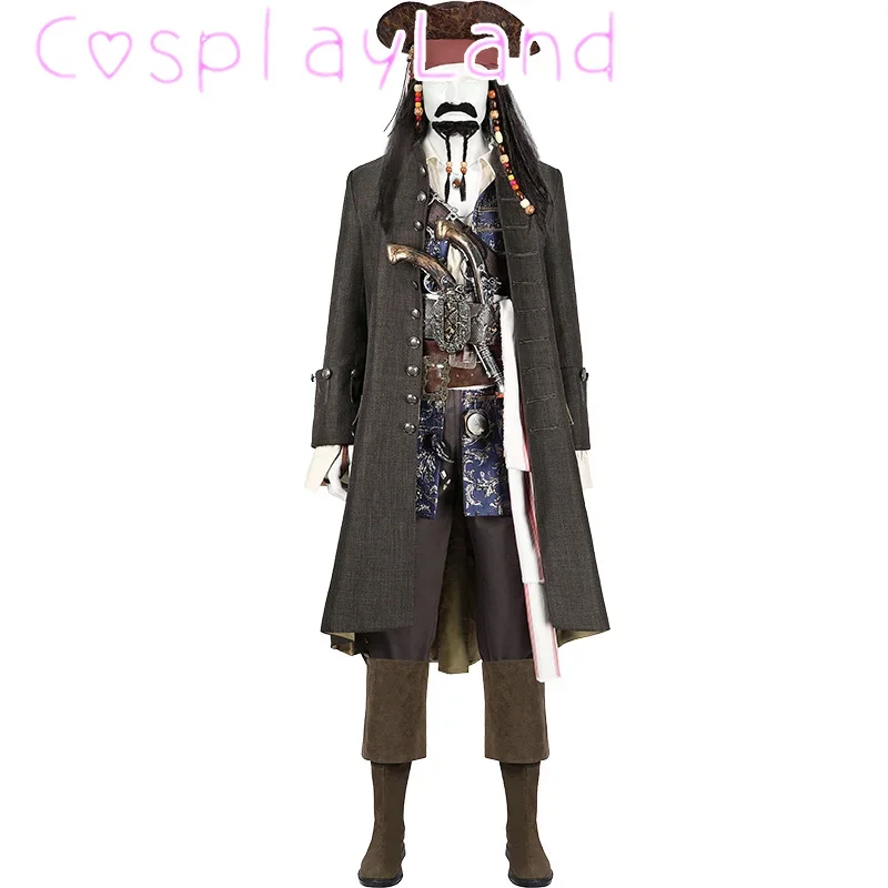 Movie Pirates Jack Sparrow Cosplay Costume Captain Jack Jacket Coat Hat Wigs Outfit Full Set Halloween Carnival Costume Men Suit