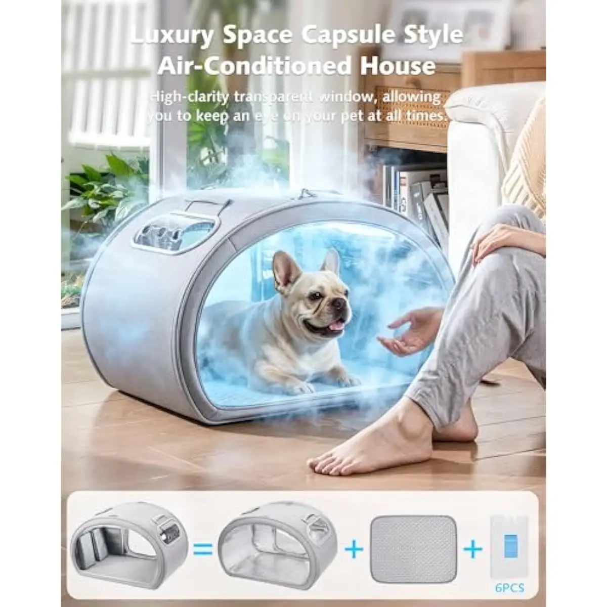 Cooling Pet Dome with Reusable Gel Ice Packs Insulated Aluminum Interior 360° Transparent View Portable Foldable Cat House Venti