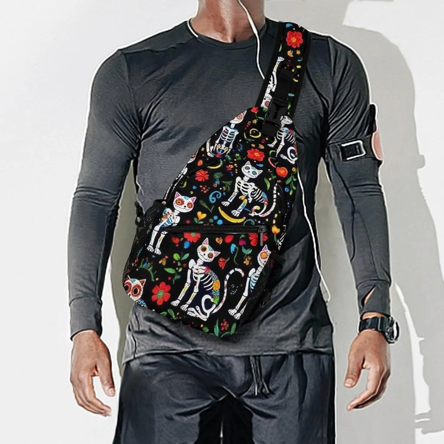 

Нагрудная сумка на плечо для путешествий, пешего туризма, декоративная сумка на ремне, День мертвых, черный кот, роза, сахар, череп, скелет, карманная сумка через плечо