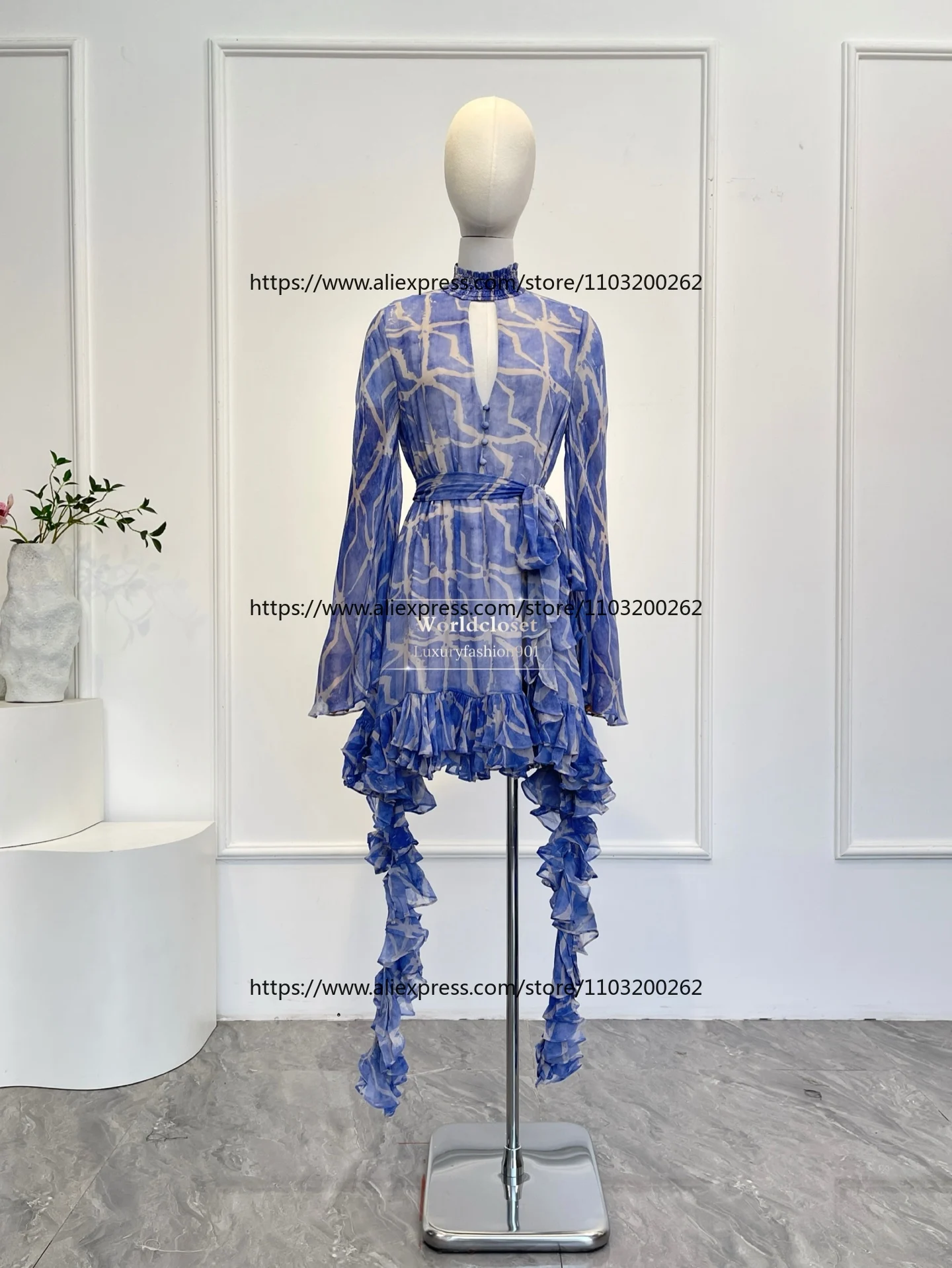 2026  Violet Floral Print Long Sleeve Ruffles Mini Dress