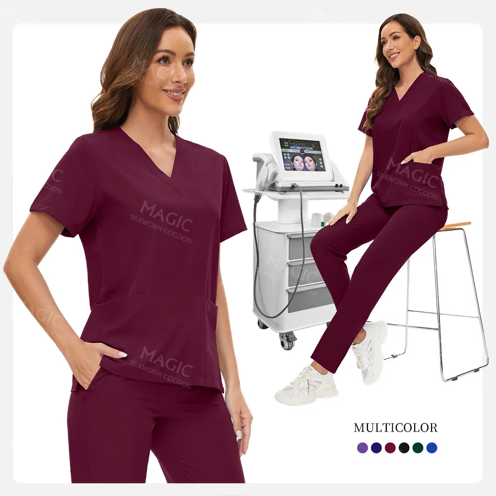Short Sleeve Straight Pants Basic V Neck Scrub Set For Nursing Home Caregiver Pet Grooming And Beauty Clinic Workers