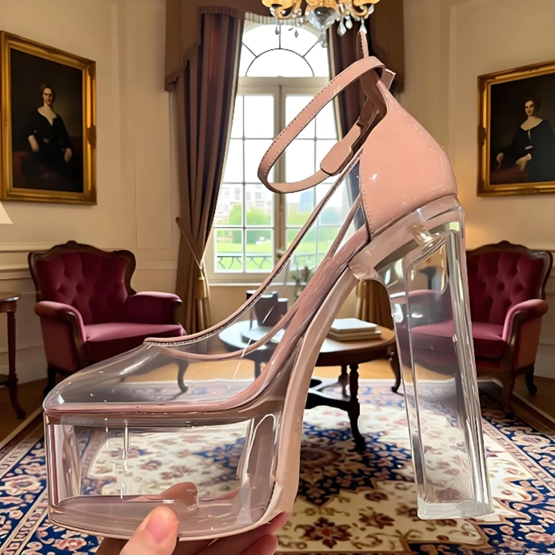 

Clear Transparent Chunky Heels Pumps Nude Patent Leather Pvc Patchwork Round Toe Platform Ankle Strap Square Heels Evening Shoes