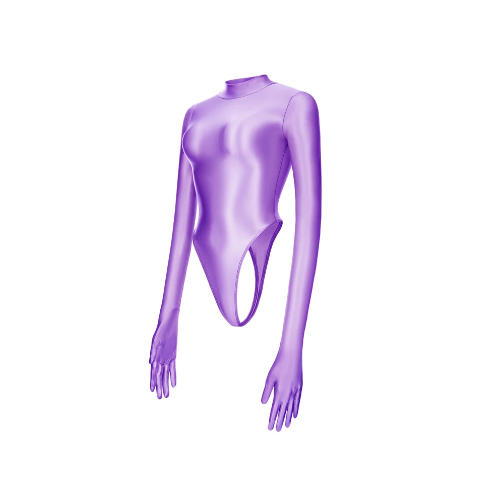 Damen Sexy Glänzender Elastischer Bodysuit mit Langen Ärmeln und Hohem Kragen, Einteiliger Badeanzug mit Hohem Beinausschnitt und T-Back, Einfarbige Cosplay-Strumpfhose – Detail 14