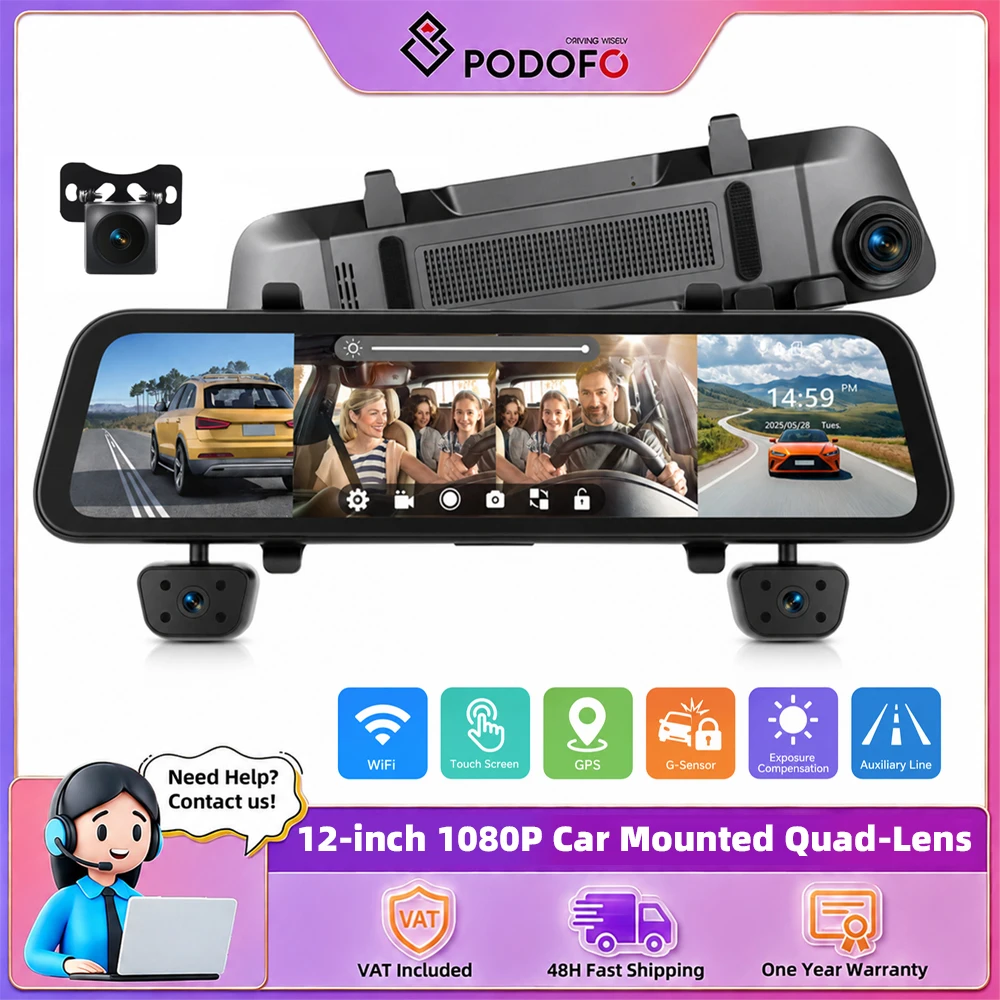 Podofo 12-Zoll HD Auto-Dashcam mit WLAN, GPS, Touchscreen und 1080P-Kameras für Innenraum (links, rechts) und Rückansicht mit Schwerkraftsensor