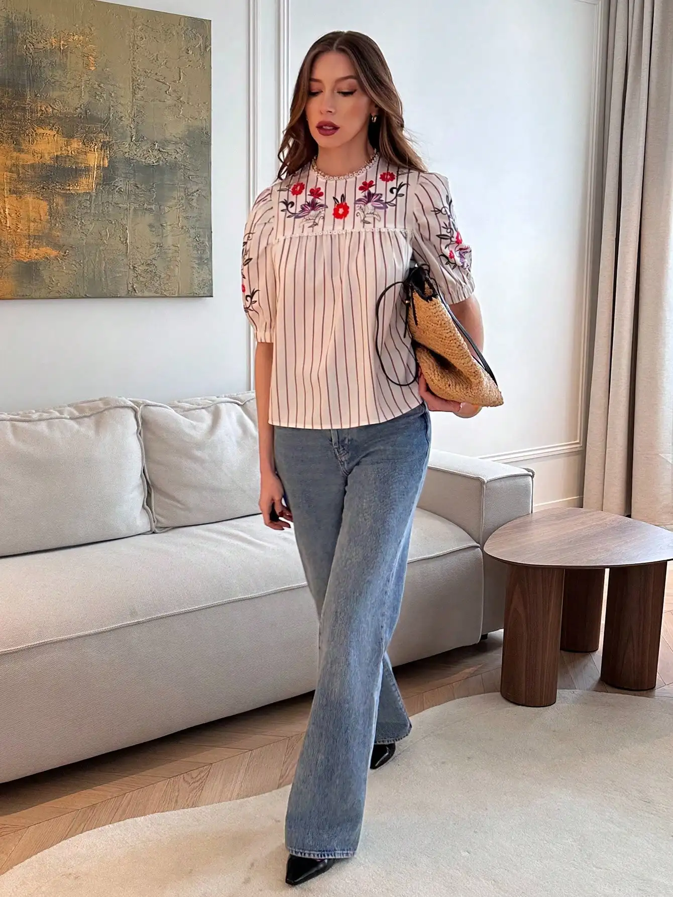 

Pearl-Trimmed Elegance: Floral Embroidered Striped Blouse for Effortless Chic
