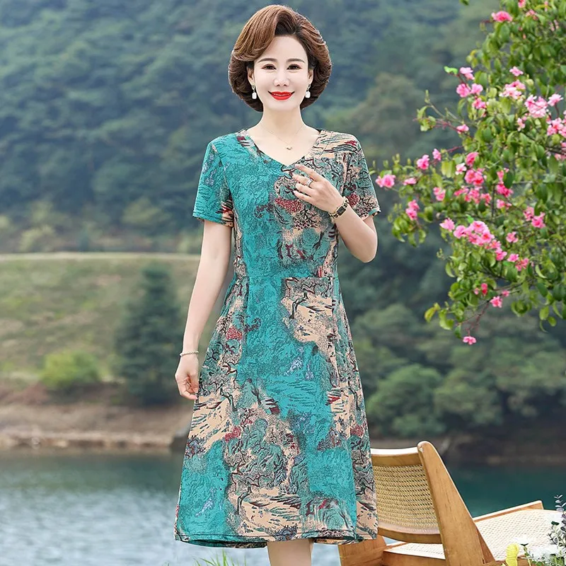 New Fashion 2024 Summer Dress For Women Plus Size Print Vintage Bohemia O-Neck Dress Sundress Women Clothing