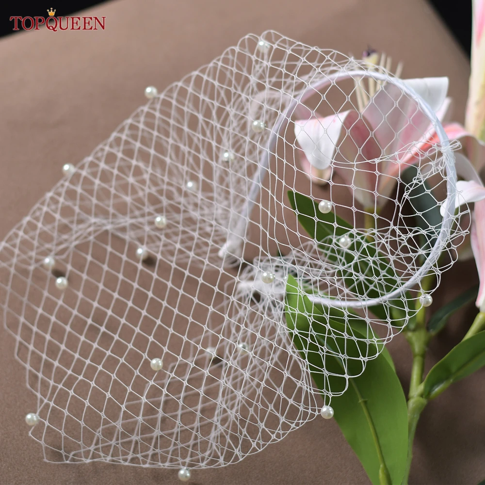 TOPQUEEN-velo de jaula de tul VA08 con perlas, velo de boda para cara, fiesta de cóctel, jaula de pájaros con diadema, Mini Veu DIY