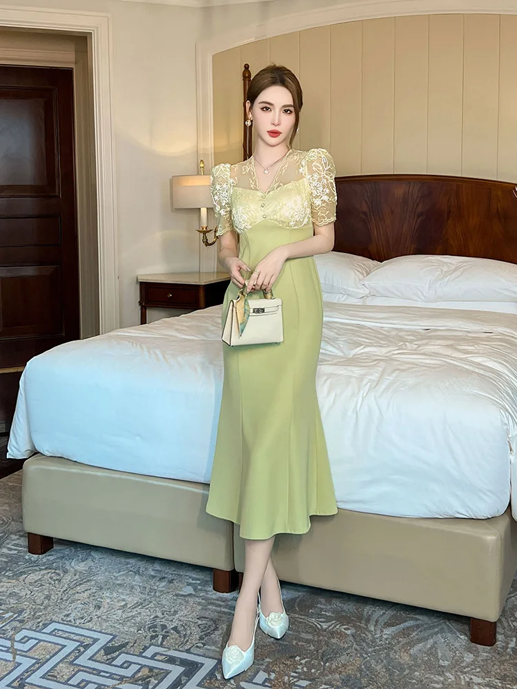 

Coigarsam Long Dress Women Summer New Office Lady French Style Patchwork Solid Lace High Waist V-Neck Lake Green Dresses