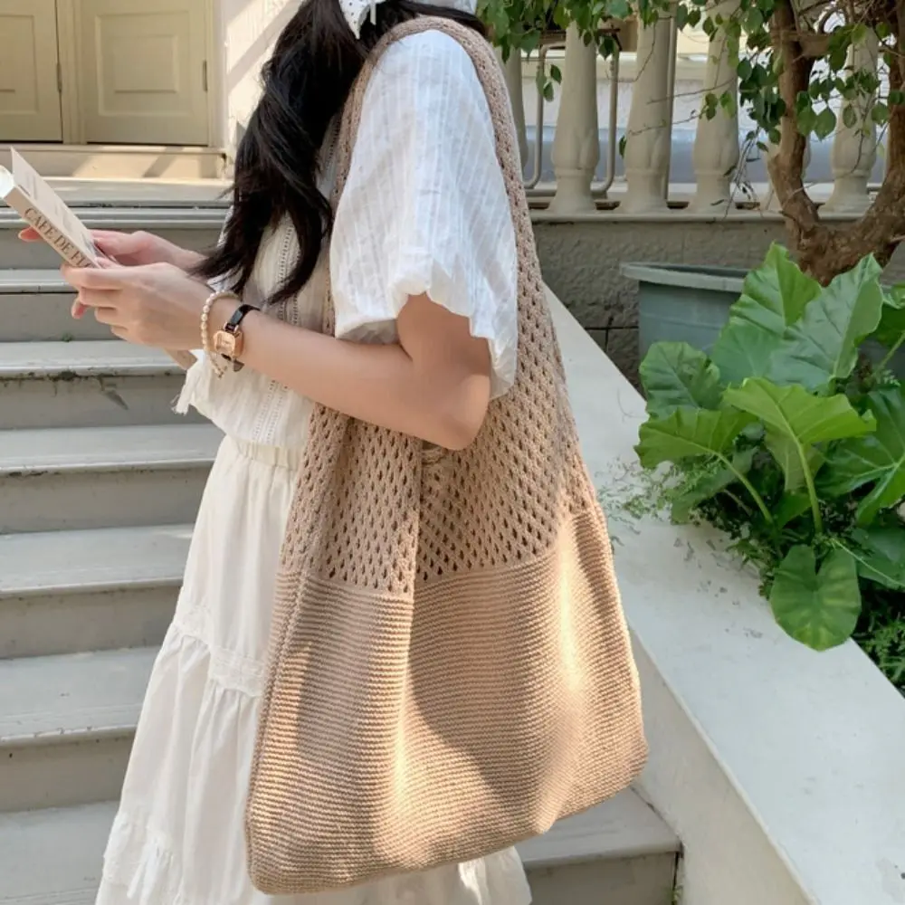 

Soft Solid Color Knitting Shoulder Bag Hollow Out Versatile Bohemian Crochet Tote Bag Large Capacity Casual Woven Handbag Women