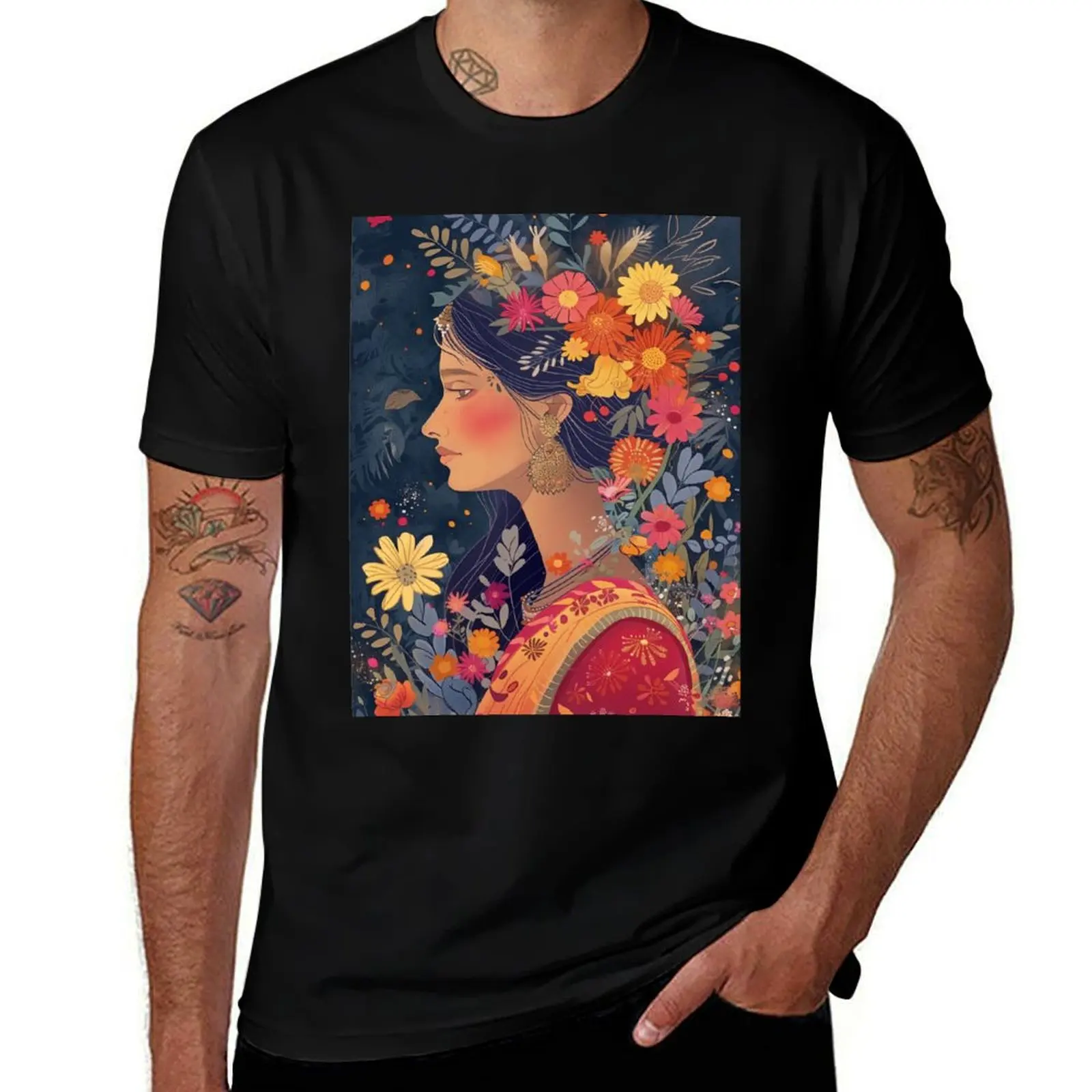 Indian Woman Flower Head Wall Art T-Shirt Holiday Vacation Tee Shirt T-Shirt