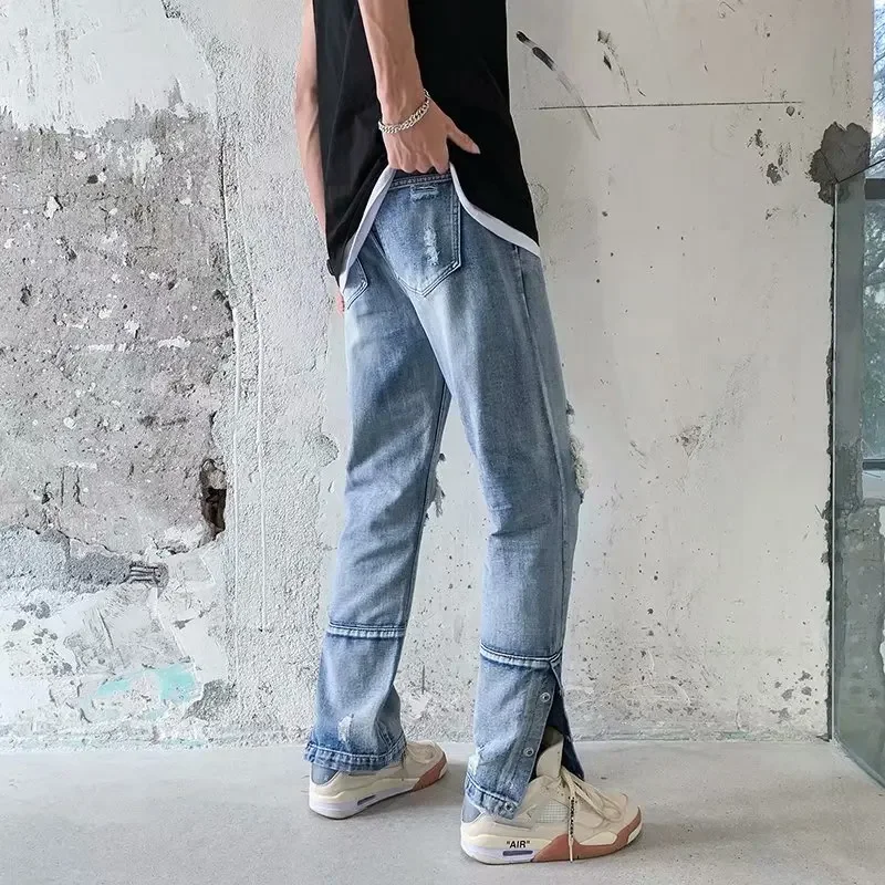 

2024 High Street Hole Ripped Hip Hop Men Grunge Wide Jeans Pants Ankle Button Vibe Style Vintage Denim Trousers Pantalon Homme