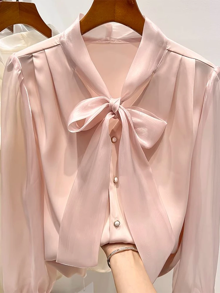 

Women's Chiffon Elegance Shirt V-Neck Bow Tie Long Sleeve Short Sleeve Spring Summer Autumn Winter Straight Cut Korean Style