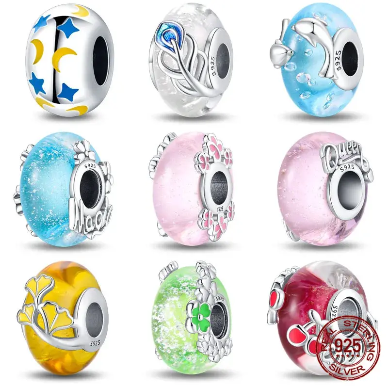 Glass Beads 925 Sterling Silver Charm Fit Pan Original Bracelets Glow In The Dark Charms Glass Pendant  DIY Jewelry