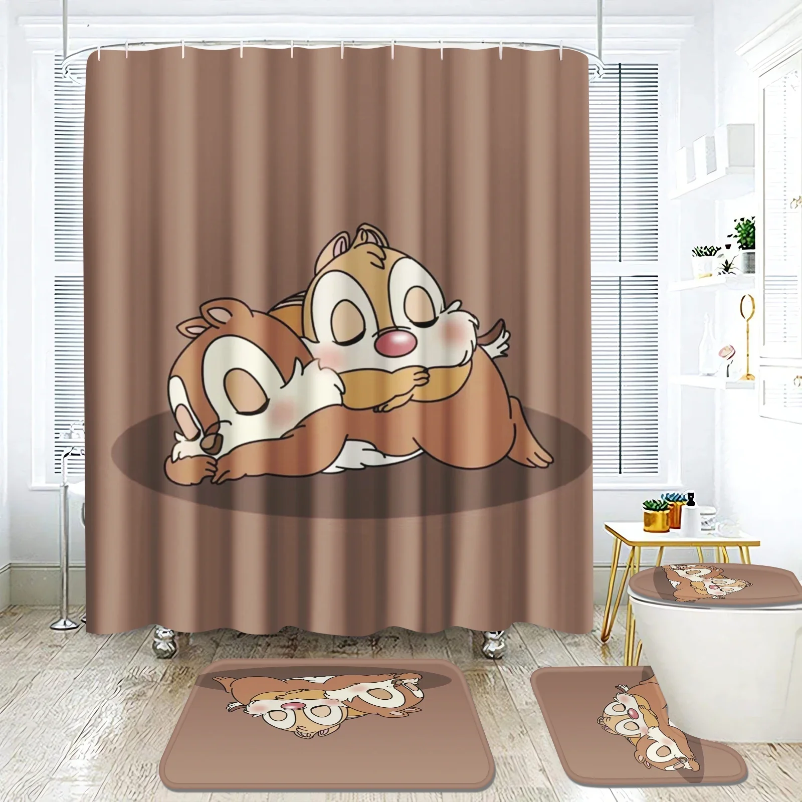 Anime Chichiditi Chipmunk Cartoon Bath Shower Curtain Set 4pcs with Hooks Waterproof Bathroom Toilet Mat Lid Decor Kids Gift