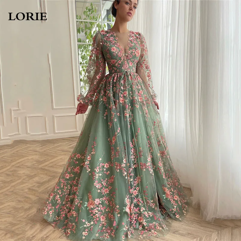 LORIE Green Puff Sleeve Prom Dresses A Line V Neck Ankle Length Floral Embroidered Plum Blossom Formal Evening Dress Pardy Gowns