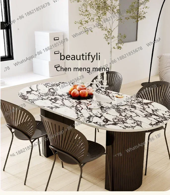 フランス産大理石ダイニングテーブル カラカッタパープル ロックプレート ライトラグジュアリー＆シンプル エリプスダイニングテーブル