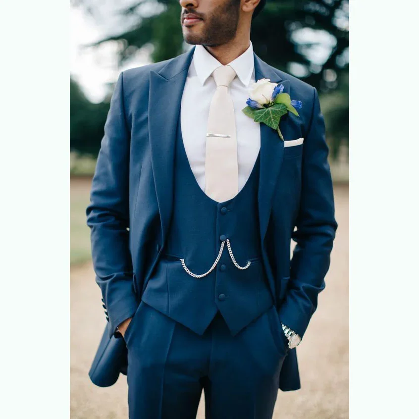 

2024 Dark Blue Formal Wedding Elegant Men Suit Groom Tuxedo Prom Slim Fit Blazers Hombre High Quality Custom 3 Piece Set Costume