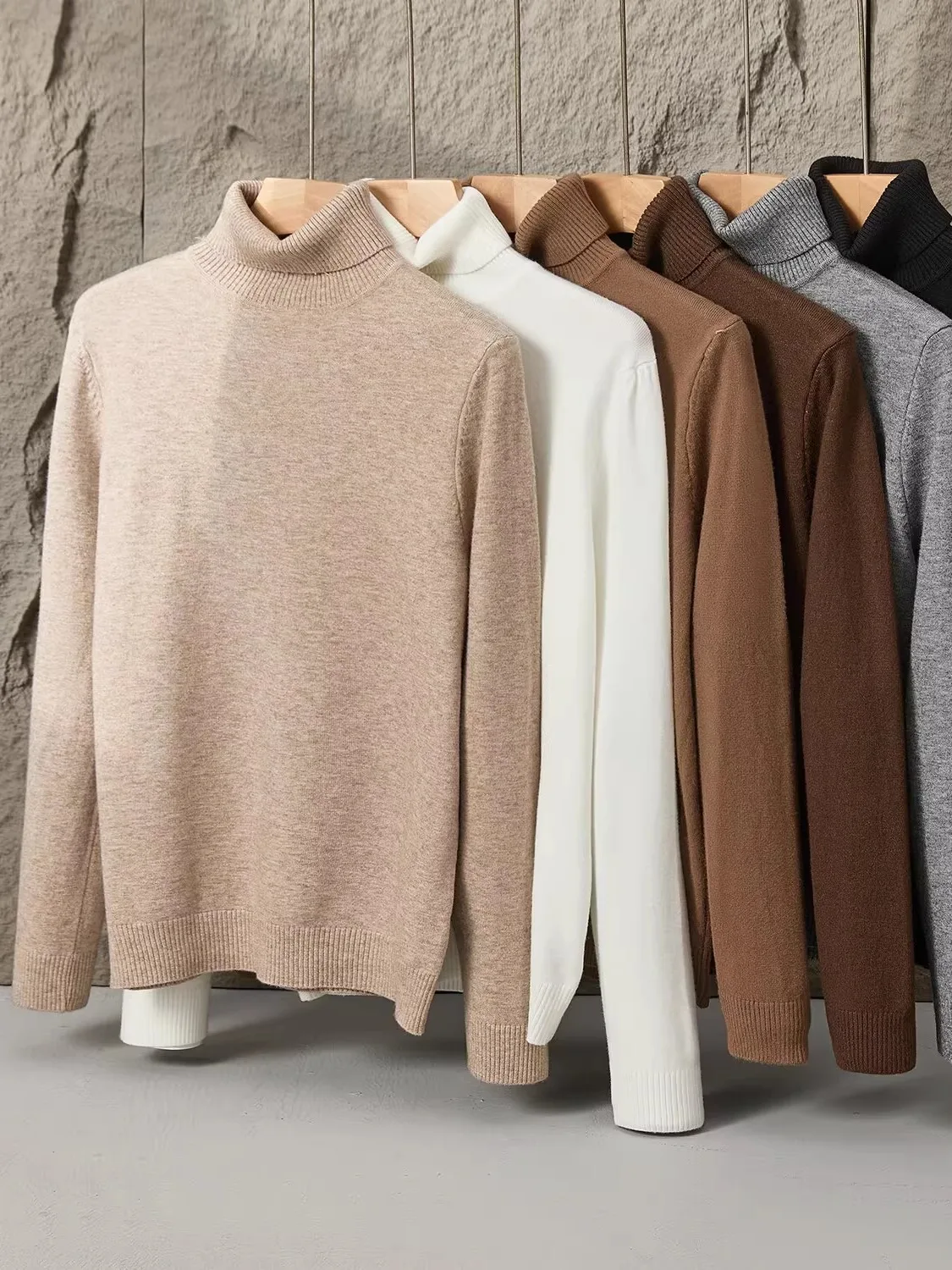 

Теплый вязаный свитер с высоким воротником для мужчин, свободный крой, всесезонный, однотонный, базовый, с отложным воротником, повседневный трикотаж