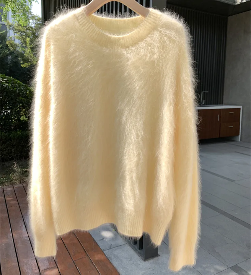 New Autumn Winter Thick Warm Knitted Loose Sweaters Jumper Women Round Collar Yellow Soft Mohair Lazy Style Oversize Pullover