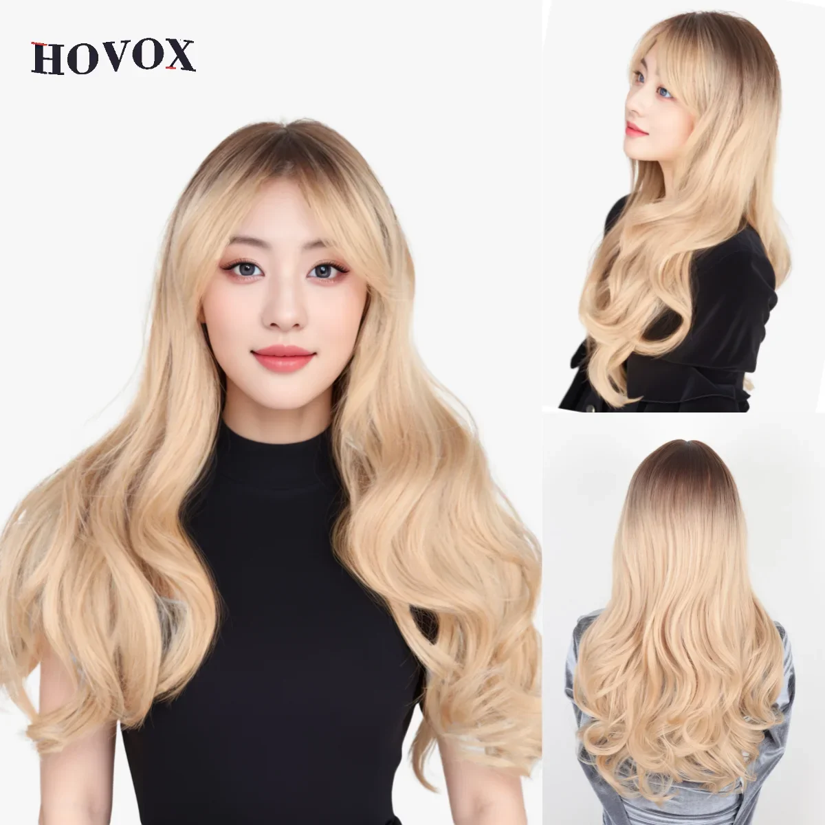 HOVOX Women's Synthetic Wig Blonde Long Wave Curly Hair Mid-fringe Heat-resistant European and American Daily cosplay Wig