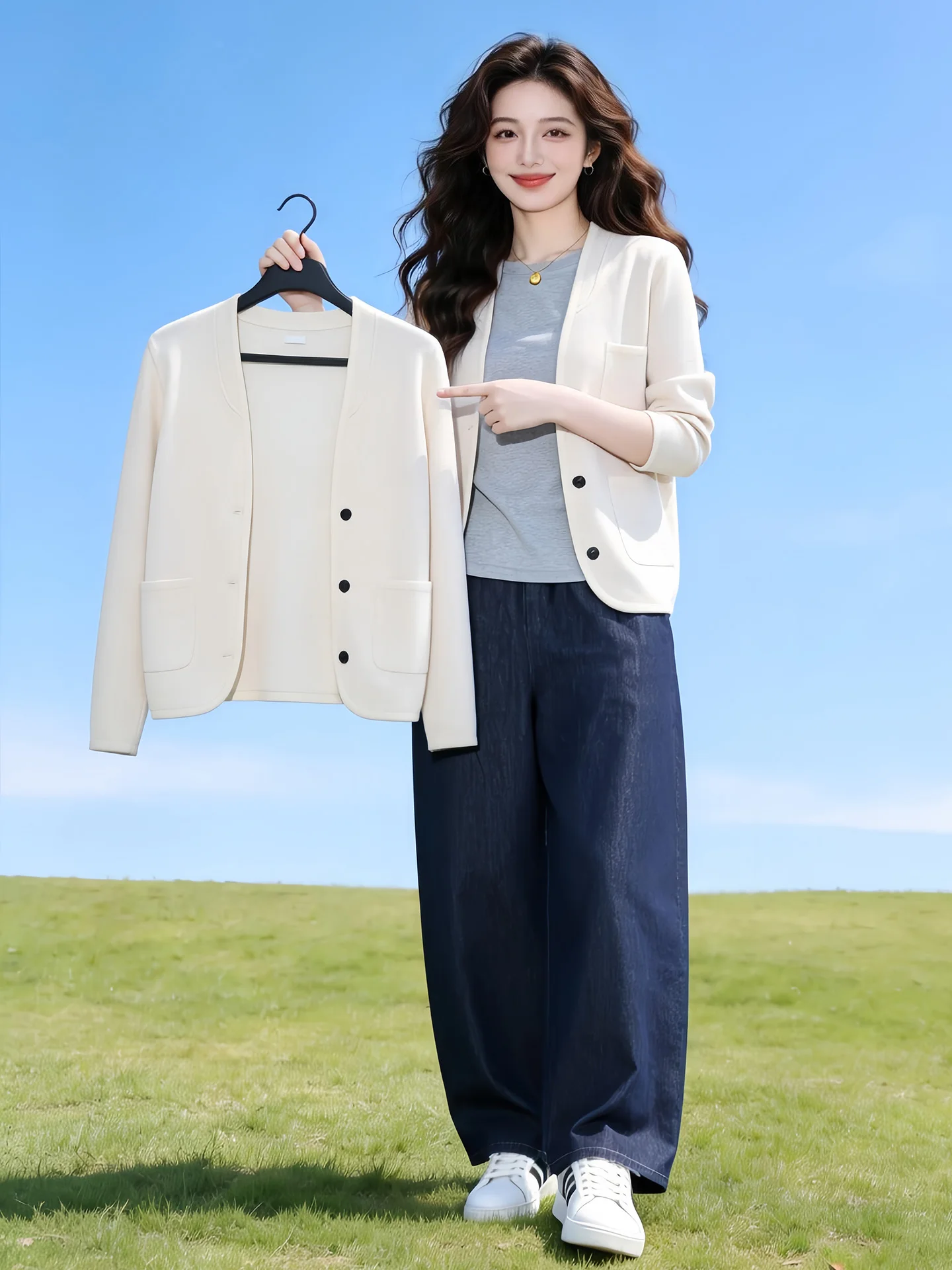 

Spring Autumn plus Size Women's Long Sleeve Pure Color V-Neck Jacket Versatile Casual Style Comfortable Fit Polyester Fiber