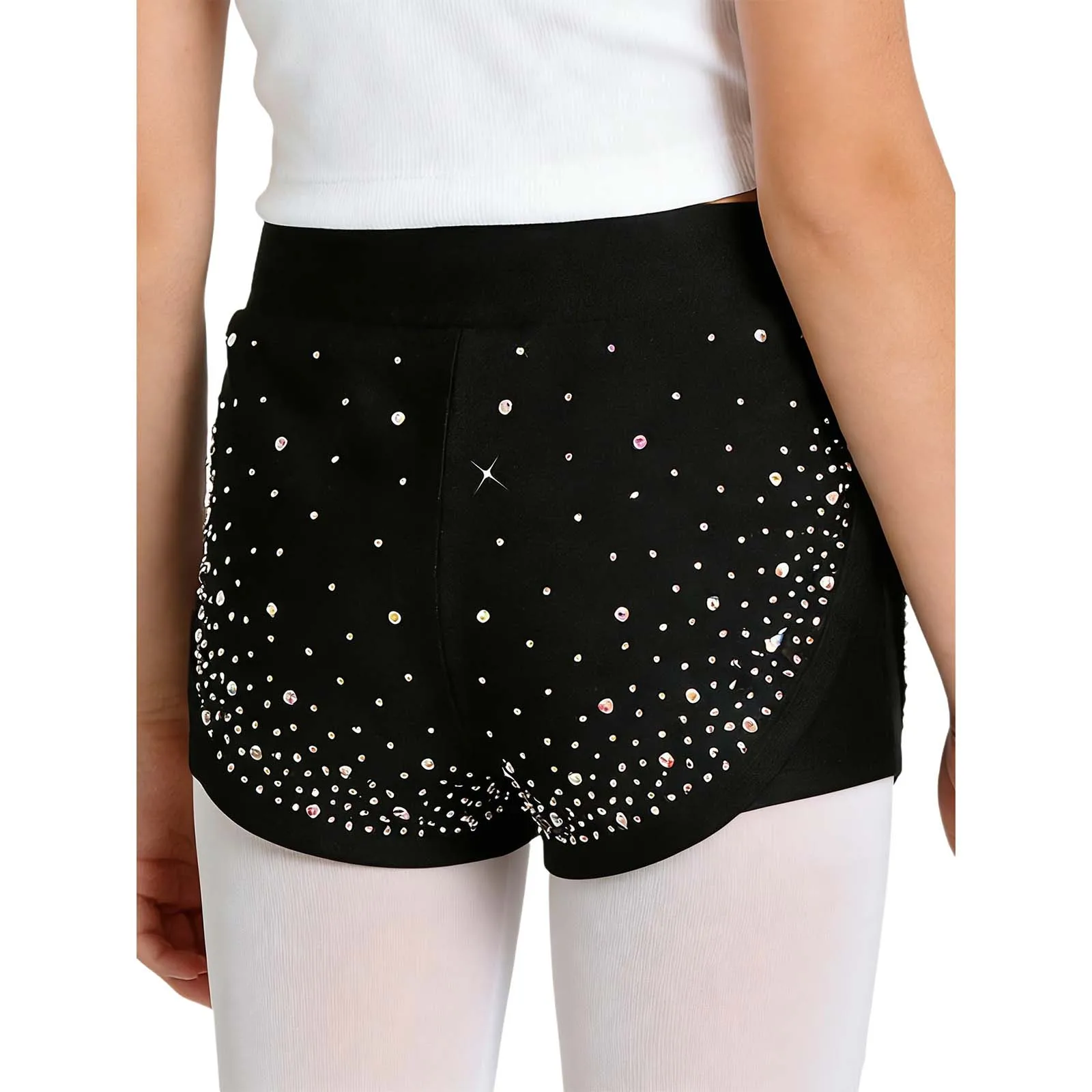 Girls Rhinestones Ballet Dance Shorts Elastic Waistband Double-Layer Athletic Shorts for Figure Skating Gymnastics Performance