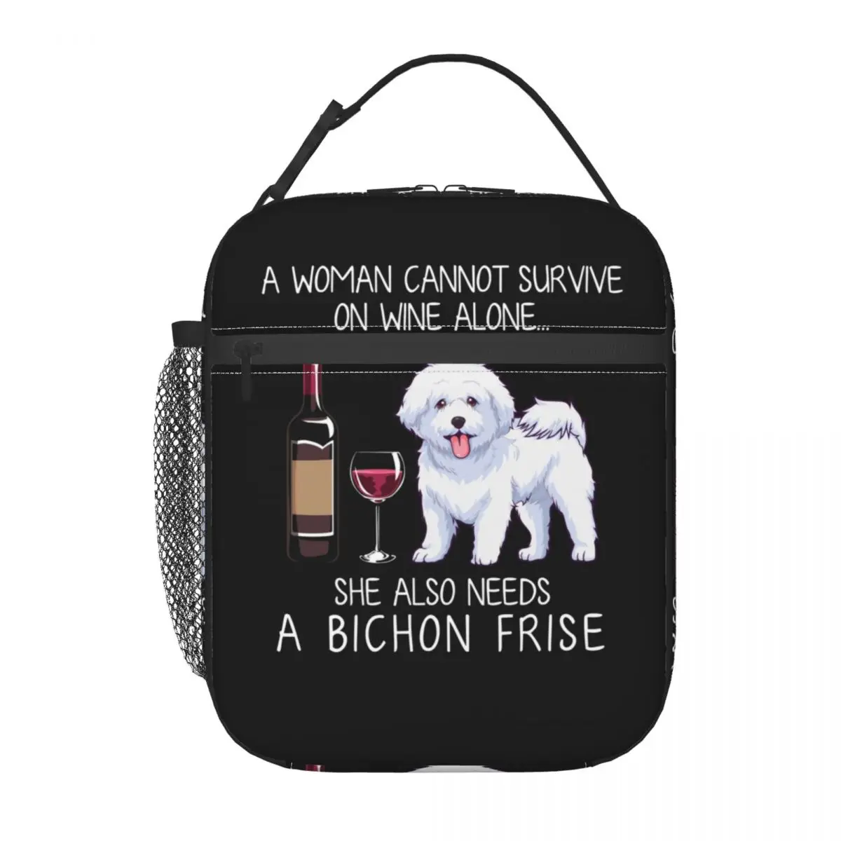 Bichon Frise And Wine Funny Dog Thermal Insulated Lunch Bags Pet Puppy Lover Portable Lunch Tote for School Storage Food Box