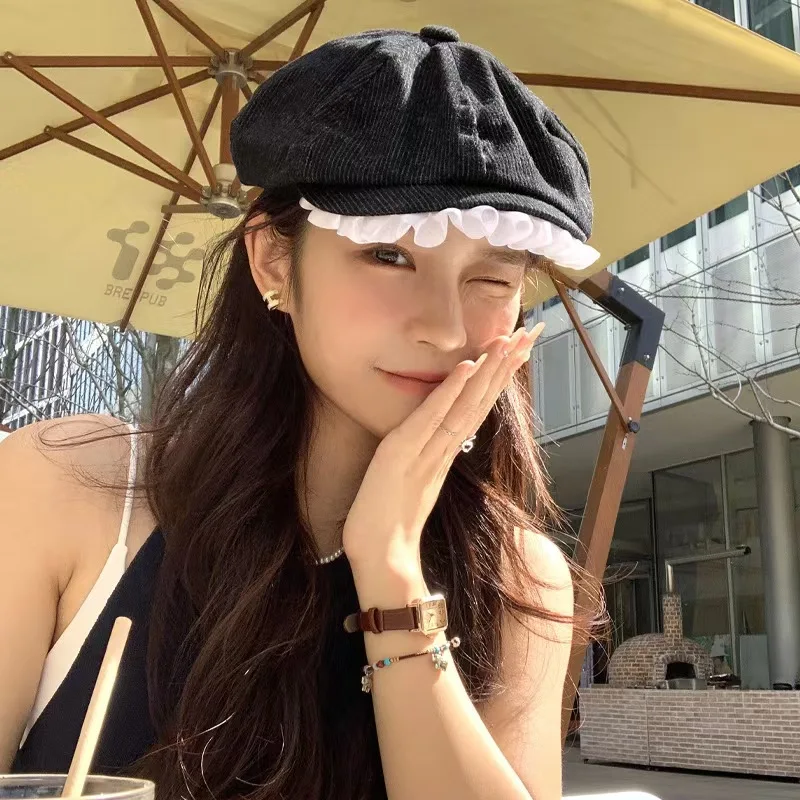 

Vintage Corduroy Beret Octagonal Hats For Women Classic Beanies Caps Flat Brim Artist Berets Female Spring Summer Painter Caps