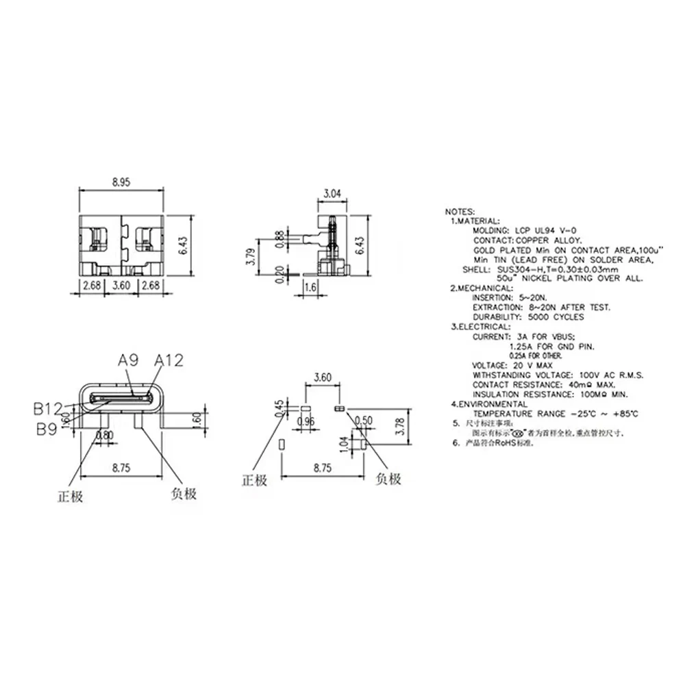 50 Buah/Lot Type-c 2Pin Horizontal 90 ° Plug-In Board Pengisian Cepat Type-c Female USB Female Plug-In Connector