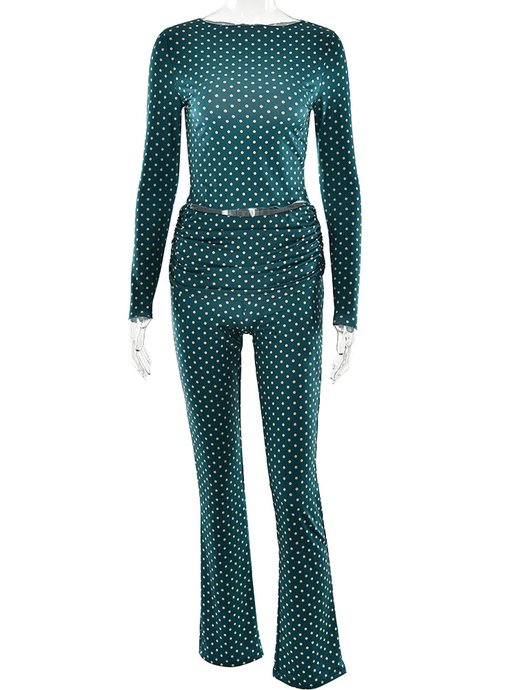 Fantoye Printed Polka Dots Two Piece Sets Women Pant Sets Blue Long Sleeve T-shirt Long Pant Female Winter Slim Casual Pant Suit